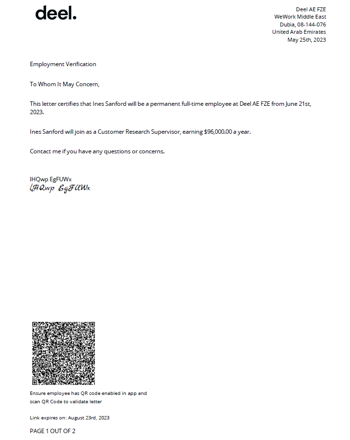 sample employment verification letter for visa