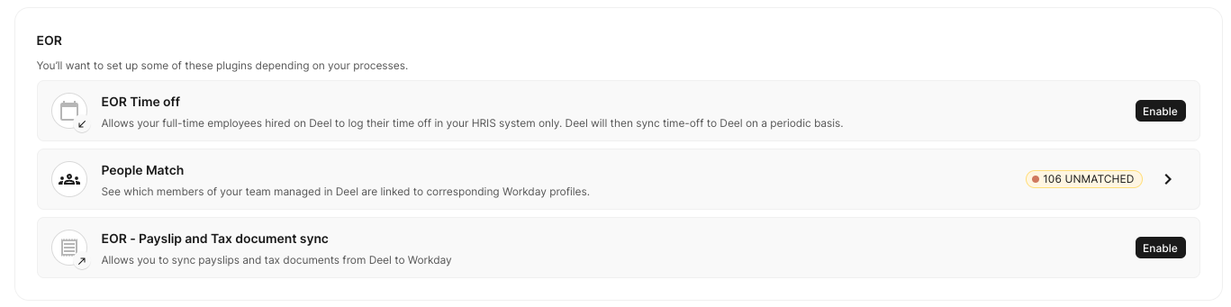 Plugin list showing EOR ‑ Payslips and Tax document sync
