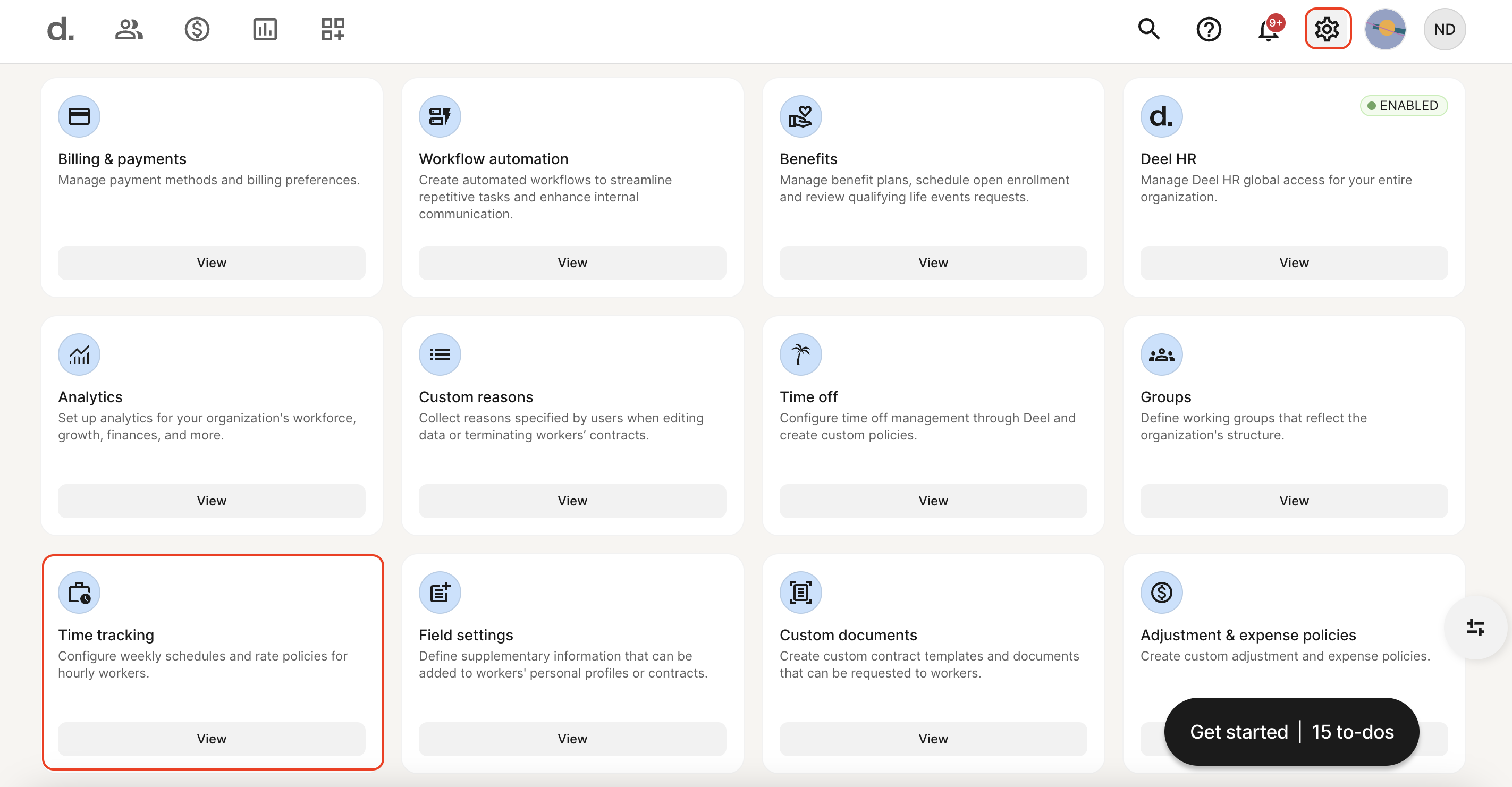 Time Tracking card in Organization Settings
