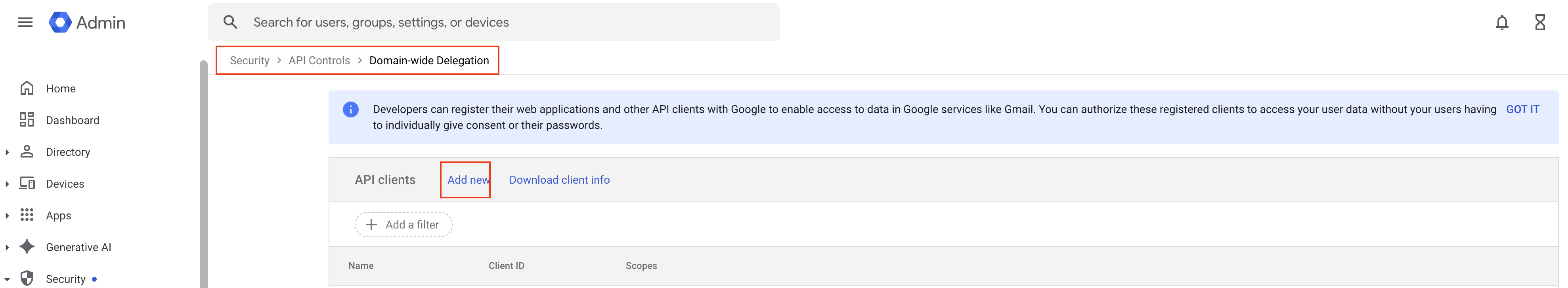 Domain-wide delegation page with Add new highlighted