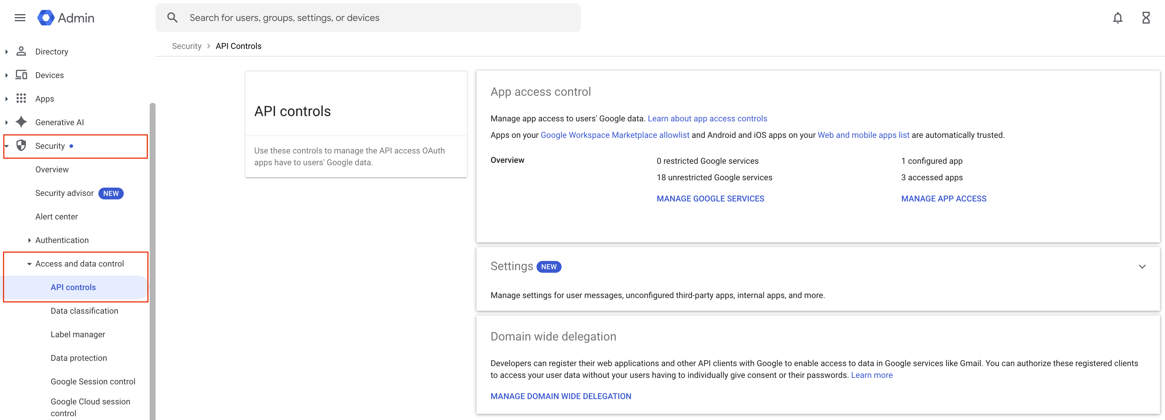 Google Admin console with Security > Access and data control > API controls selected