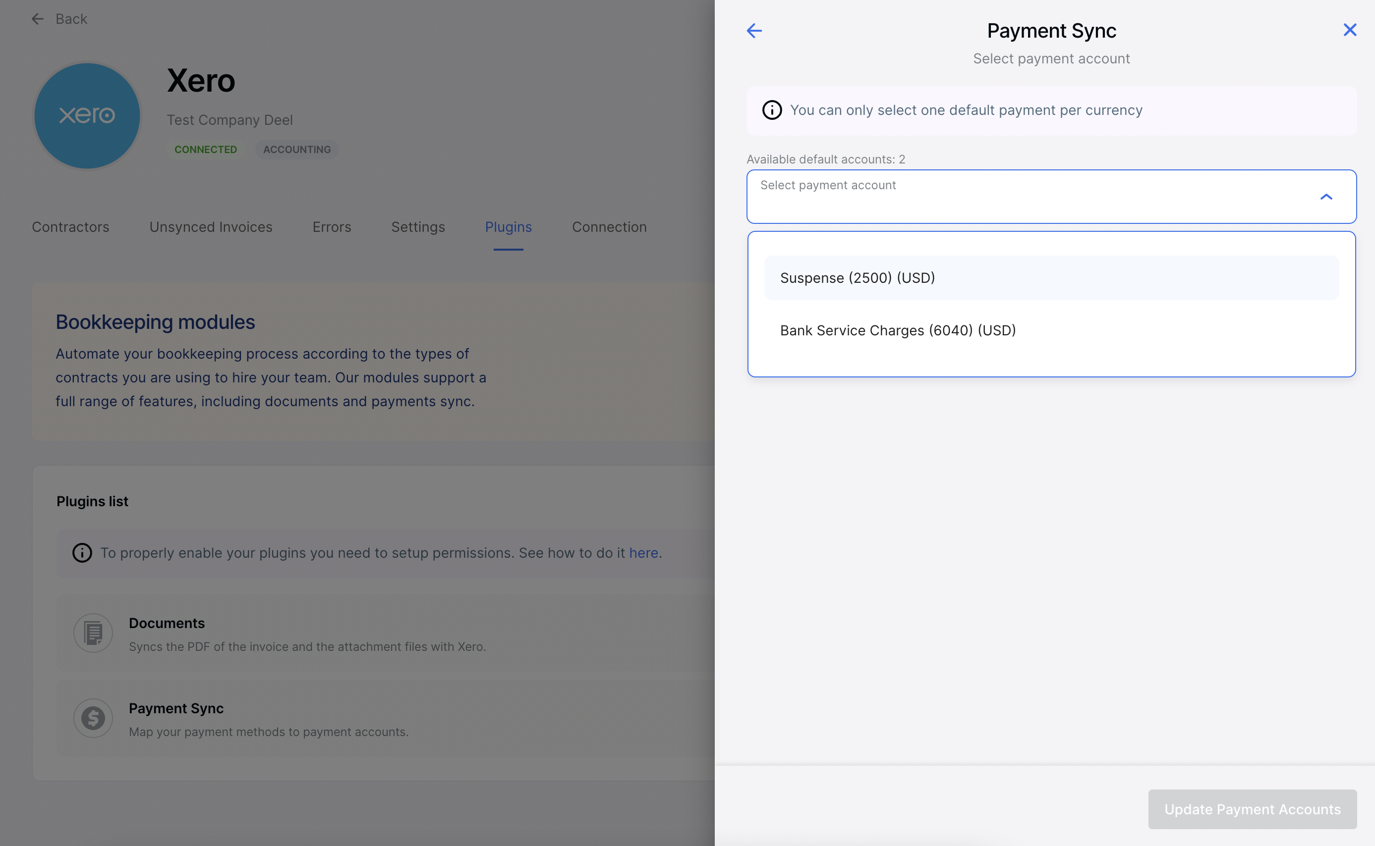Payment Sync – select account